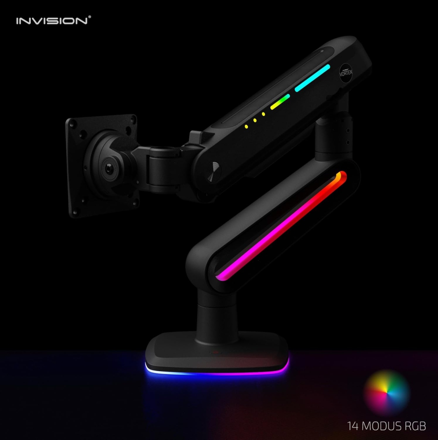 Brazo de monitor RGB Invision Vortex VR200 27–57" | hasta 18 kg (La Actualización Definitiva para Su Battle-Station: Brazo Heavy Duty de hasta 18 kg con Iluminación RGB Inmersiva)