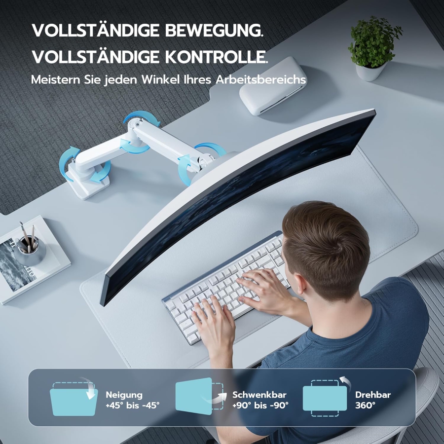 Brazo para monitor ARES WING Blanco 17–49" | hasta 18 kg (Soporte Ergonómico con Resorte de Gas para Pantallas Ultrawide y Curvas – VESA 75/100.)