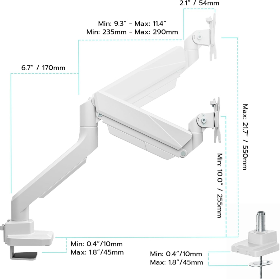 Brazo para monitor ARES WING Blanco 17–49" | hasta 18 kg (Soporte Ergonómico con Resorte de Gas para Pantallas Ultrawide y Curvas – VESA 75/100.)