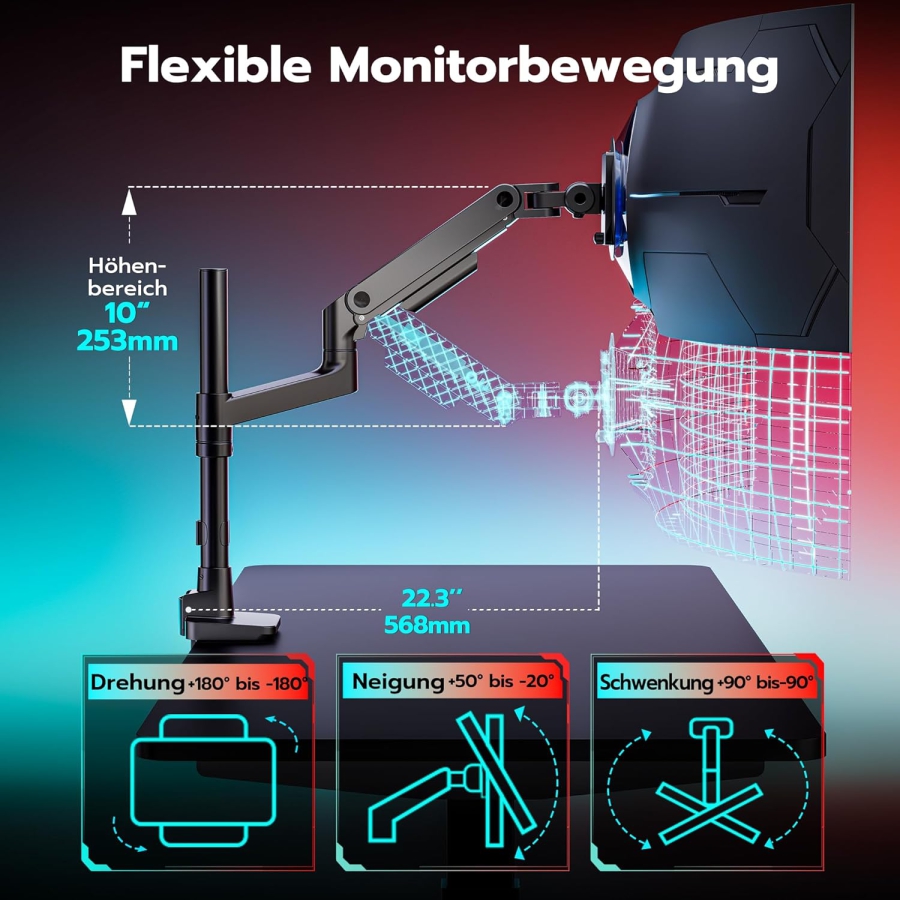 Brazo para monitor ARES WING con columna 17–49" | hasta 20 kg (Columna extra alta y carga de 20 kg para pantallas Ultrawide y curvas.)