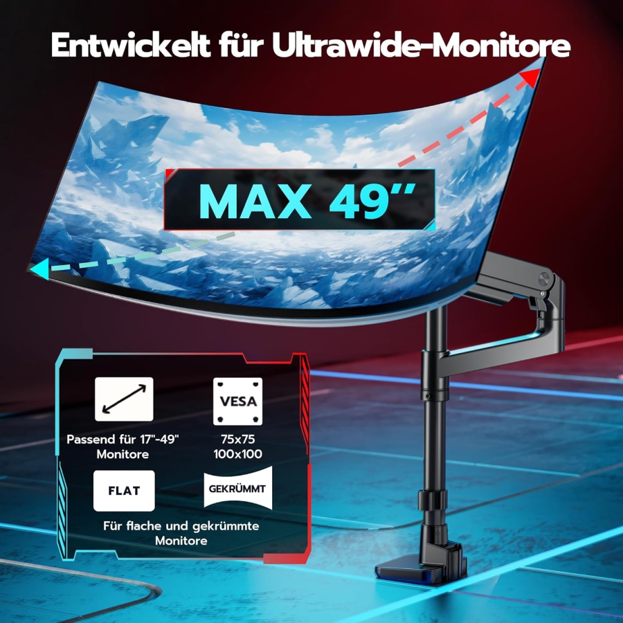 Brazo para monitor ARES WING con columna 17–49" | hasta 20 kg (Columna extra alta y carga de 20 kg para pantallas Ultrawide y curvas.)