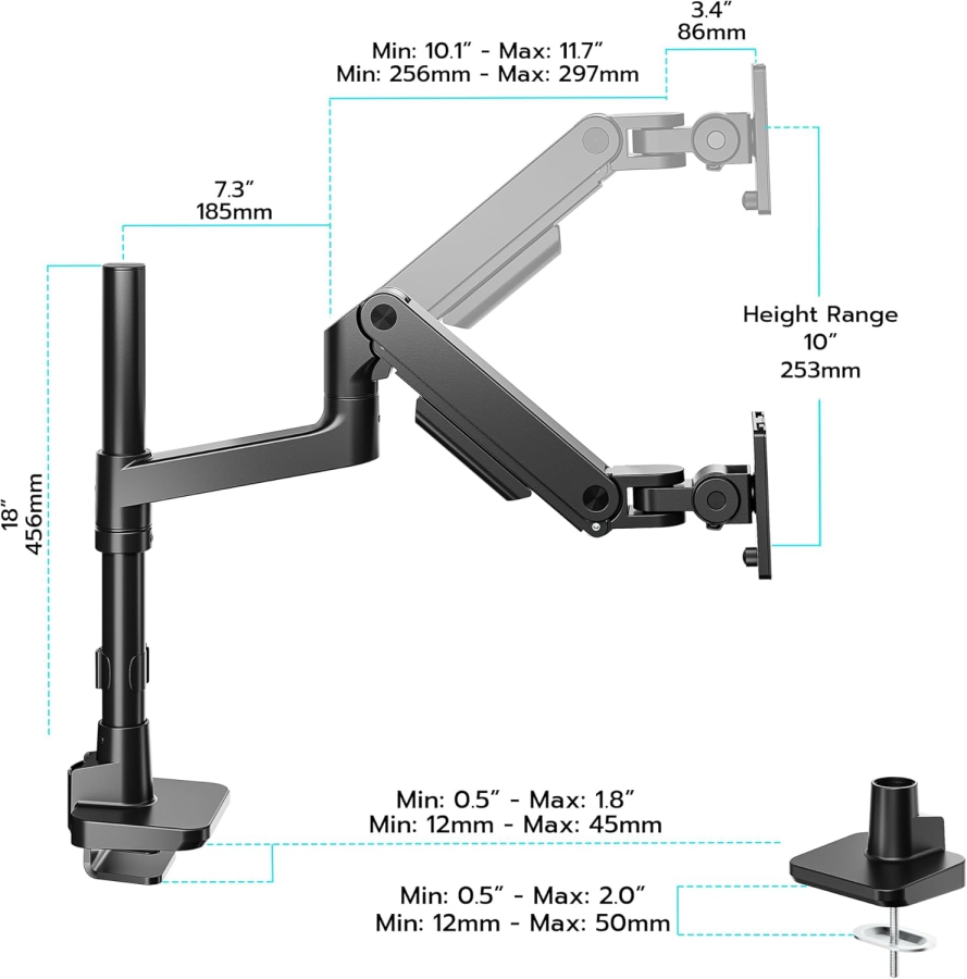 Brazo para monitor ARES WING con columna 17–49" | hasta 20 kg (Columna extra alta y carga de 20 kg para pantallas Ultrawide y curvas.)
