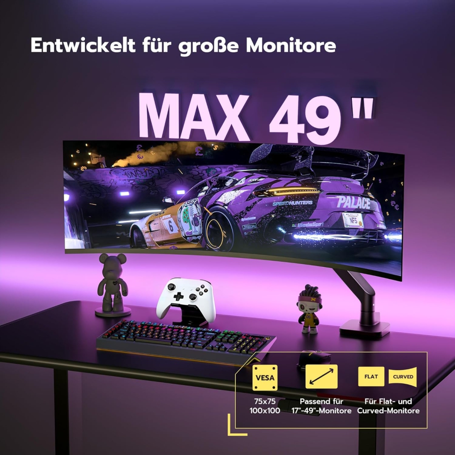 Brazo para monitor ARES WING Negro 17–49" | hasta 20 kg (Columna extra alta y carga de 20 kg para pantallas Ultrawide y curvas.)