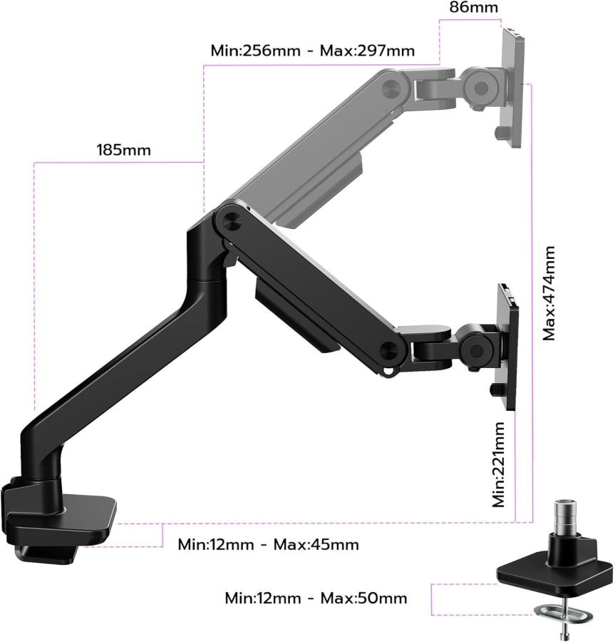 Brazo para monitor ARES WING Negro 17–49" | hasta 20 kg (Columna extra alta y carga de 20 kg para pantallas Ultrawide y curvas.)