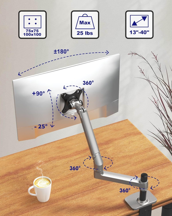 Brazo para monitor Ergounion RLAX E6 13–40" | 3–11 kg (Soporte de Brazo Único Premium de Aluminio Brillante)
