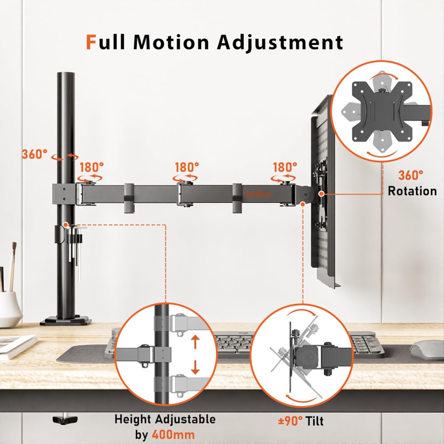 Brazo para monitor Redbat con soporte ventilado para portátil, totalmente ajustable para pantallas LCD LED de 13 a 32 pulgadas y portátiles de hasta 16 pulgadas, 2 opciones de montaje, inclinación, giro y rotación.