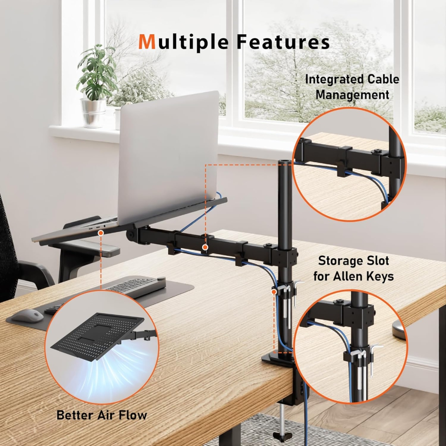 Brazo para monitor Redbat con soporte ventilado para portátil, totalmente ajustable para pantallas LCD LED de 13 a 32 pulgadas y portátiles de hasta 16 pulgadas, 2 opciones de montaje, inclinación, giro y rotación.