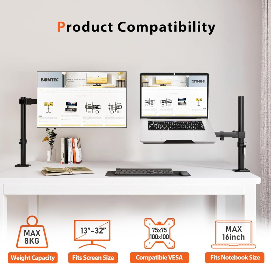 Brazo para monitor Redbat con soporte ventilado para portátil, totalmente ajustable para pantallas LCD LED de 13 a 32 pulgadas y portátiles de hasta 16 pulgadas, 2 opciones de montaje, inclinación, giro y rotación.