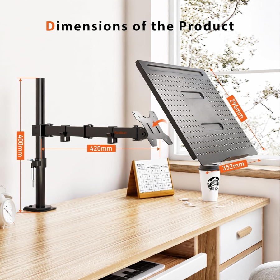 Brazo para monitor Redbat con soporte ventilado para portátil, totalmente ajustable para pantallas LCD LED de 13 a 32 pulgadas y portátiles de hasta 16 pulgadas, 2 opciones de montaje, inclinación, giro y rotación.