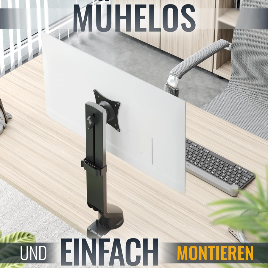 Brazo para monitor RICOO 13–32" | ajustable en altura (Soporte de Monitor Robusto con Abrazadera de Escritorio para Pantallas de hasta 7 kg – Ajustable en Altura y Giratorio.)