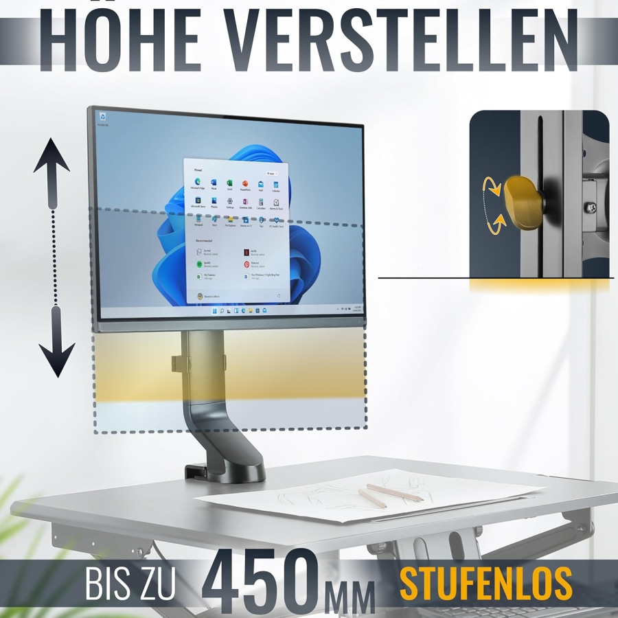 Brazo para monitor RICOO 13–32" | ajustable en altura (Soporte de Monitor Robusto con Abrazadera de Escritorio para Pantallas de hasta 7 kg – Ajustable en Altura y Giratorio.)