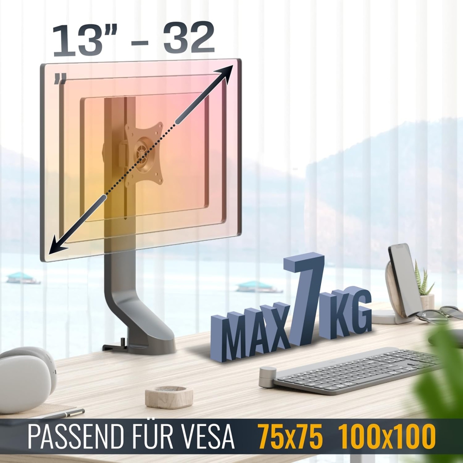 Brazo para monitor RICOO 13–32" | ajustable en altura (Soporte de Monitor Robusto con Abrazadera de Escritorio para Pantallas de hasta 7 kg – Ajustable en Altura y Giratorio.)