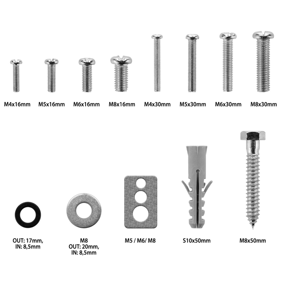 deleyCON Juego de Tornillos VESA Universales de 66 Piezas para TV y Soporte de Pared (M4, M5, M6, M8) (Material de fijación completo incl. tacos, tornillos de pared y espaciadores para todos los televisores comunes)