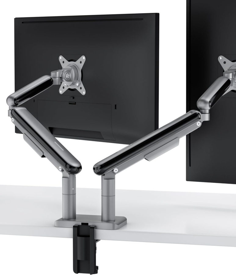 Desktronic Soporte de Monitor Doble para 2 Pantallas de hasta 32 Pulgadas y 8 kg (Diseño que ahorra espacio (Cerca de la pared) – Giratorio 360°, Ajustable en altura y Construcción robusta de acero.)