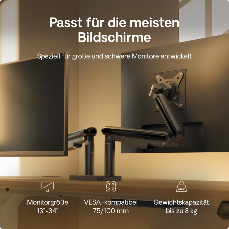 Desktronic Soporte de Monitor Doble para 2 Pantallas de hasta 32 Pulgadas y 8 kg (Diseño que ahorra espacio (Cerca de la pared) – Giratorio 360°, Ajustable en altura y Construcción robusta de acero.)