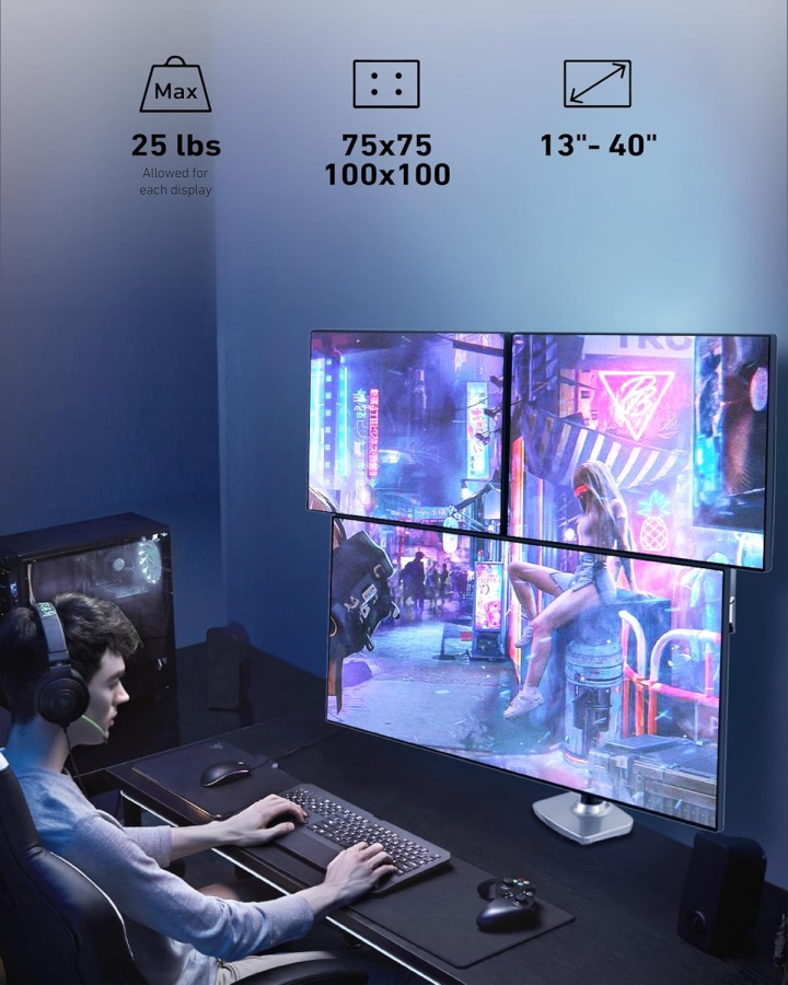 Ergounion Soporte para 3 Monitores (Aluminio) para 13–40 Pulgadas (Soporte de Escritorio Premium para Tres Monitores de hasta 11,3 kg Cada Uno – Con Resorte Mecánico Duradero.)