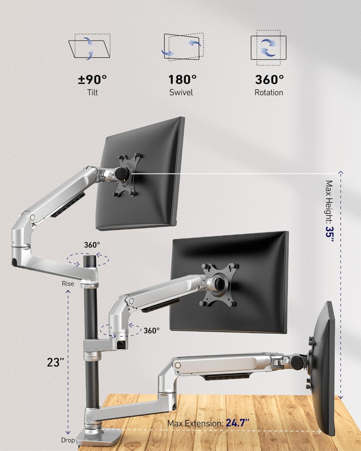 Ergounion Soporte para 3 Monitores (Aluminio) para 13–40 Pulgadas (Soporte de Escritorio Premium para Tres Monitores de hasta 11,3 kg Cada Uno – Con Resorte Mecánico Duradero.)