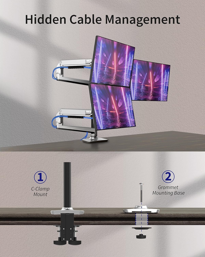 Ergounion Soporte para 3 Monitores (Aluminio) para 13–40 Pulgadas (Soporte de Escritorio Premium para Tres Monitores de hasta 11,3 kg Cada Uno – Con Resorte Mecánico Duradero.)