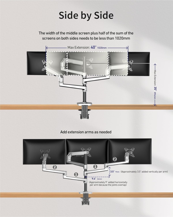 Ergounion Soporte para 3 Monitores (Aluminio) para 13–40 Pulgadas (Soporte de Escritorio Premium para Tres Monitores de hasta 11,3 kg Cada Uno – Con Resorte Mecánico Duradero.)