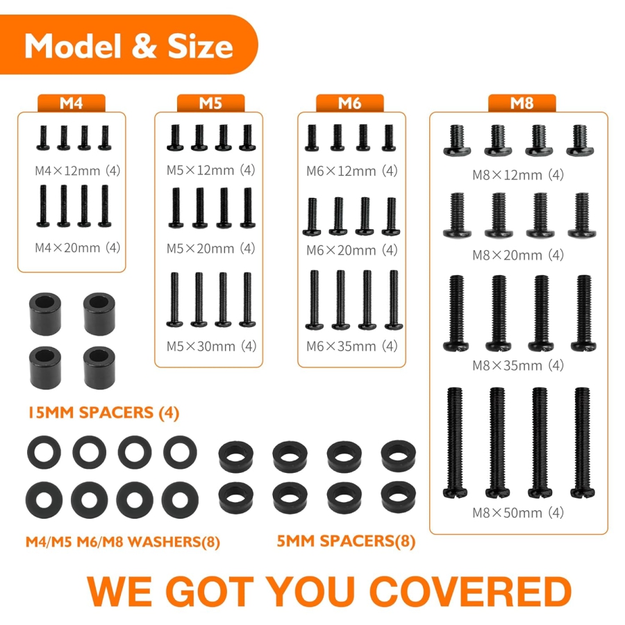 GINKGO Juego de Tornillos VESA Universales para TV y Monitor (M4, M5, M6, M8) (Kit de montaje de 68 piezas para soportes de pared y pie – Compatible hasta 80 pulgadas.)