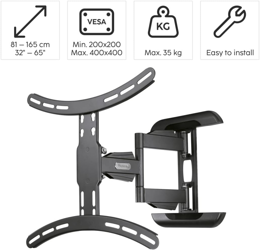 Hama Soporte de Pared para TV Giratorio e Inclinable para TV de 32-65 Pulgadas (Fullmotion) (Extensible hasta 40,7 cm – VESA 400x400, Carga 35 kg – Incl. tacos Fischer y 10 años de garantía.)