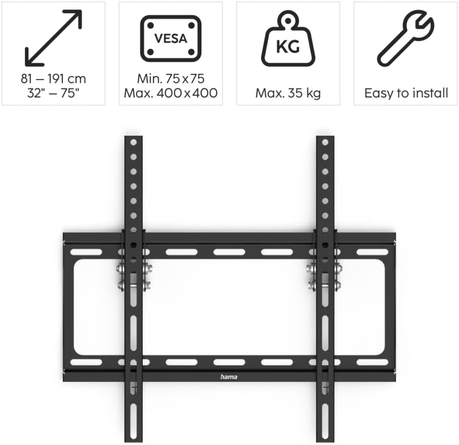 Hama Soporte de Pared TV Inclinable para Televisores de 32-75 Pulgadas (VESA 400x400) (Soporte TV ultraplano (2,4 cm distancia a la pared) – Inclinable de forma continua 10°, carga hasta 35 kg.)