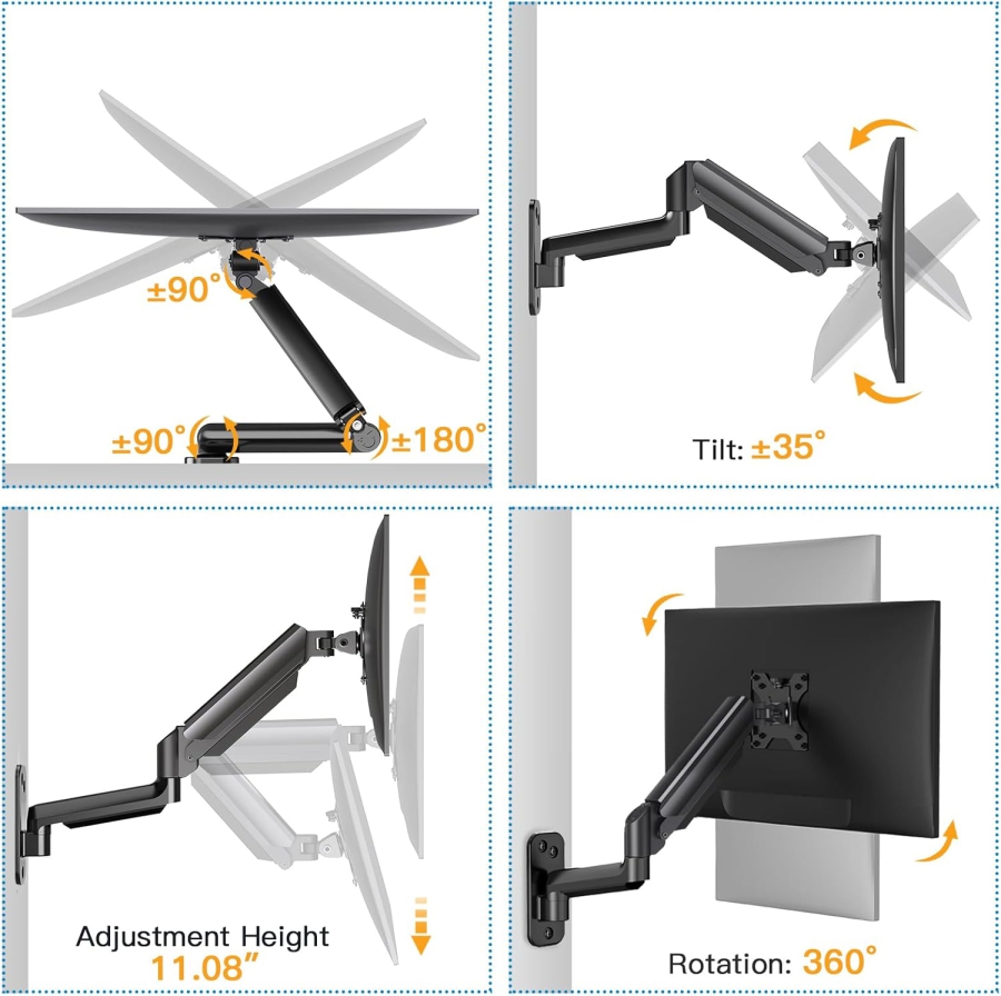 HUANUO Soporte de Pared para Monitor (17–32 Pulgadas) con Brazo de Resorte de Gas 360° (Construcción de Aluminio Premium para un Confort Ergonómico Duradero y una Estación de Trabajo Ordenada.)