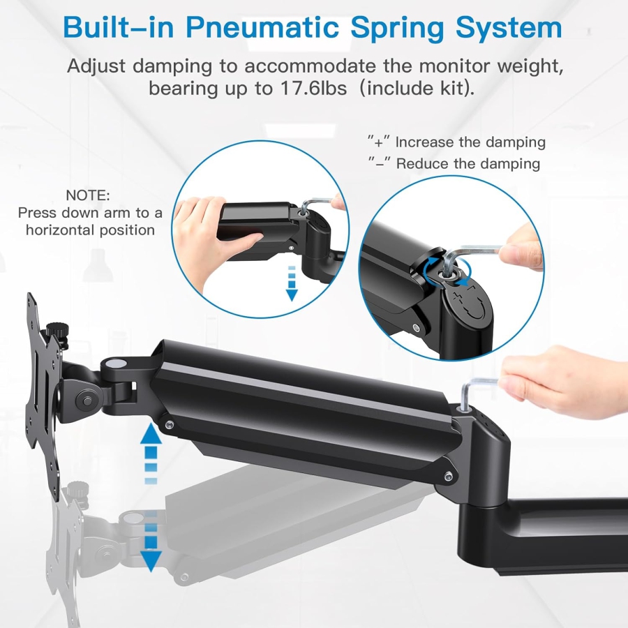 HUANUO Soporte de Pared para Monitor (17–32 Pulgadas) con Brazo de Resorte de Gas 360° (Construcción de Aluminio Premium para un Confort Ergonómico Duradero y una Estación de Trabajo Ordenada.)