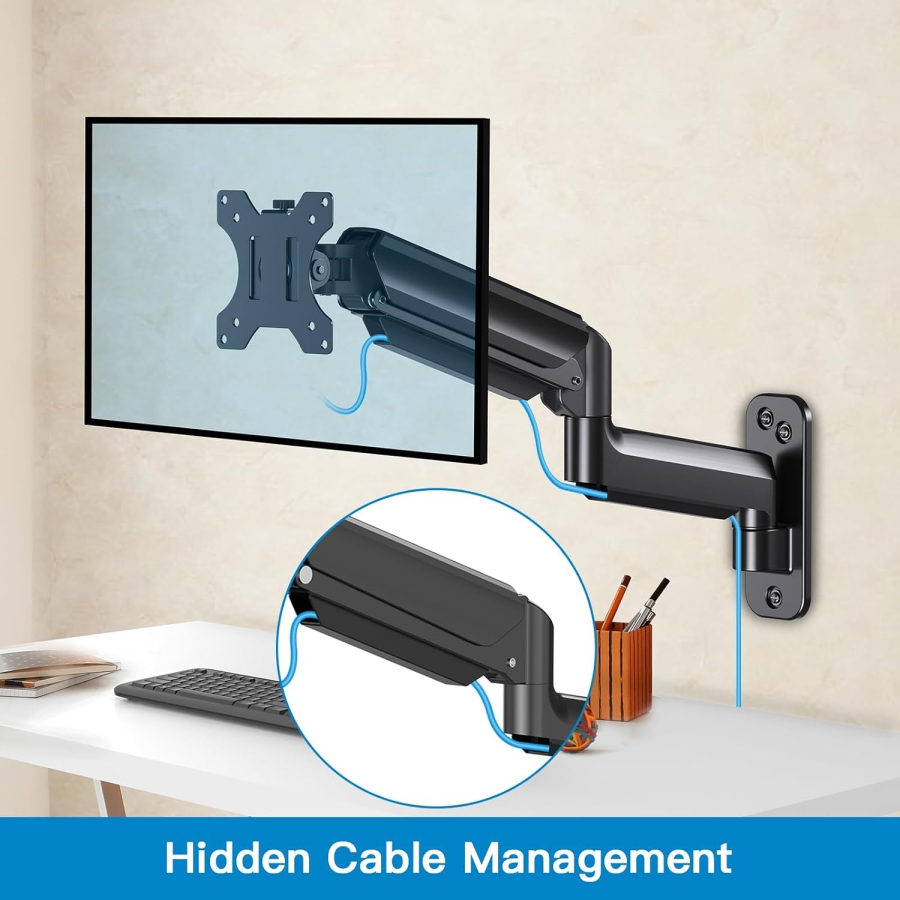 HUANUO Soporte de Pared para Monitor (17–32 Pulgadas) con Brazo de Resorte de Gas 360° (Construcción de Aluminio Premium para un Confort Ergonómico Duradero y una Estación de Trabajo Ordenada.)