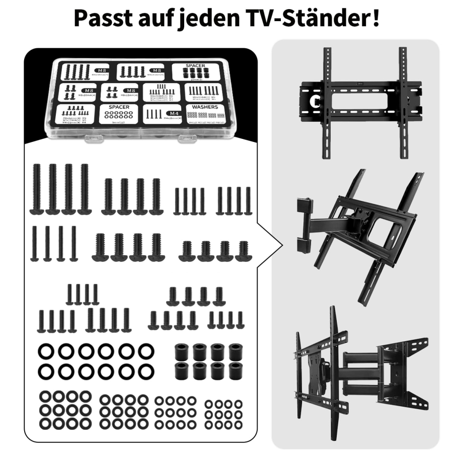 Juego de Tornillos Universales para TV (120 Piezas) para Soportes de Pared y Pie (Surtido de tornillos VESA M4, M5, M6, M8 incl. espaciadores y arandelas para TV de hasta 80 pulgadas)