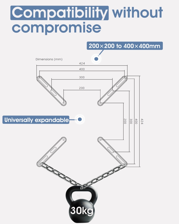 Kit de extensión adaptador VESA universal para soporte de pared y soporte para monitor, de 200x200 a 400x400, capacidad de carga extrema hasta 30kg, para televisores y monitores hasta 55"
