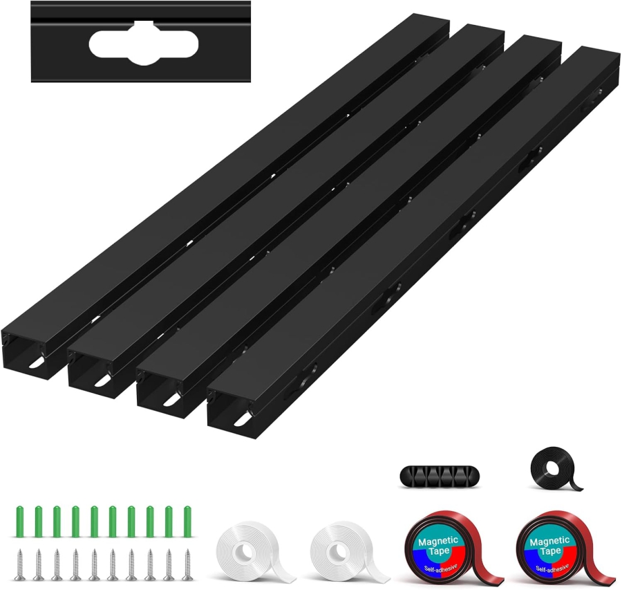 Magnetic Canaleta para Cables Negra Set de 4 para Escritorio y TV (4x 40cm) (Gestión de cables innovadora: Magnética, Autoadhesiva o Atornillable – Con orificios grandes mejorados.)