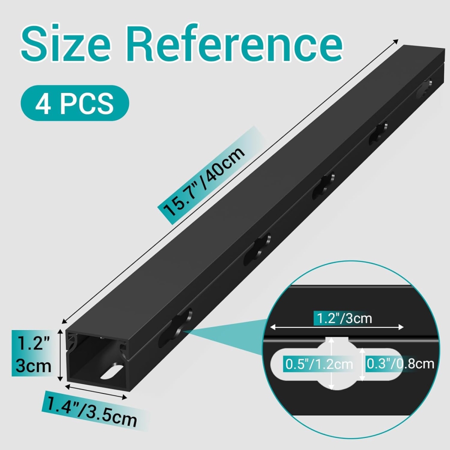Magnetic Canaleta para Cables Negra Set de 4 para Escritorio y TV (4x 40cm) (Gestión de cables innovadora: Magnética, Autoadhesiva o Atornillable – Con orificios grandes mejorados.)