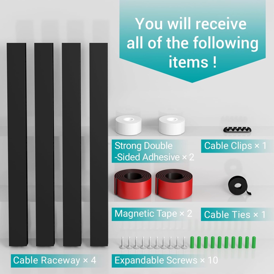 Magnetic Canaleta para Cables Negra Set de 4 para Escritorio y TV (4x 40cm) (Gestión de cables innovadora: Magnética, Autoadhesiva o Atornillable – Con orificios grandes mejorados.)