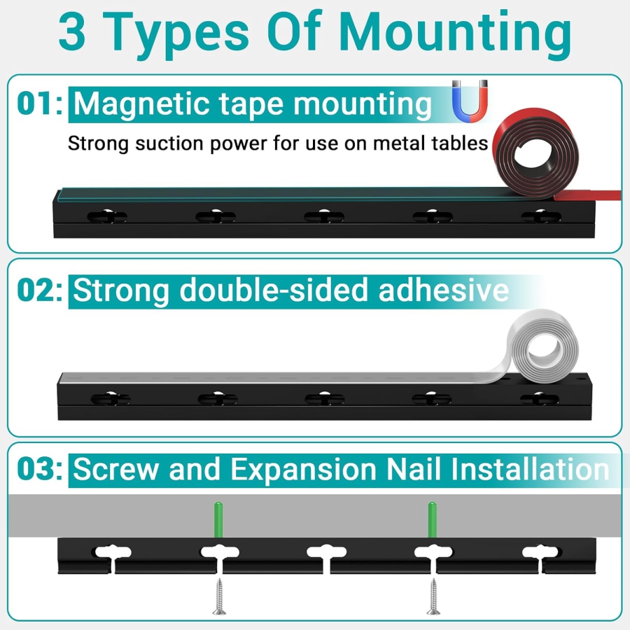 Magnetic Canaleta para Cables Negra Set de 4 para Escritorio y TV (4x 40cm) (Gestión de cables innovadora: Magnética, Autoadhesiva o Atornillable – Con orificios grandes mejorados.)