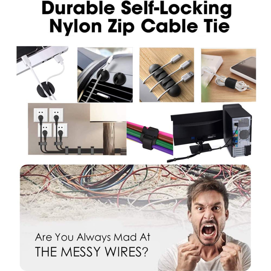 MiuCo Kit de Gestión de Cables para Escritorio (100 Piezas) – El Organizador Definitivo (Set completo con 50 bridas de velcro, 40 clips y 10 soportes de silicona – Autoadhesivo y sin residuos.)