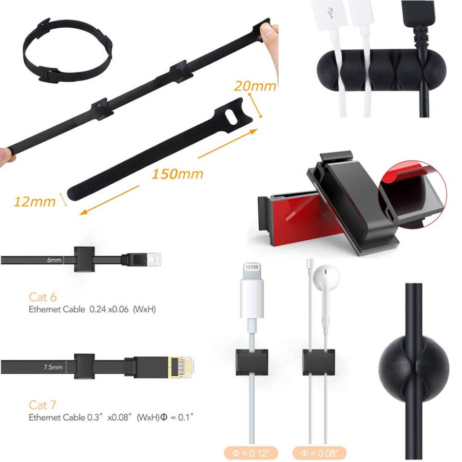 MiuCo Kit de Gestión de Cables para Escritorio (100 Piezas) – El Organizador Definitivo (Set completo con 50 bridas de velcro, 40 clips y 10 soportes de silicona – Autoadhesivo y sin residuos.)