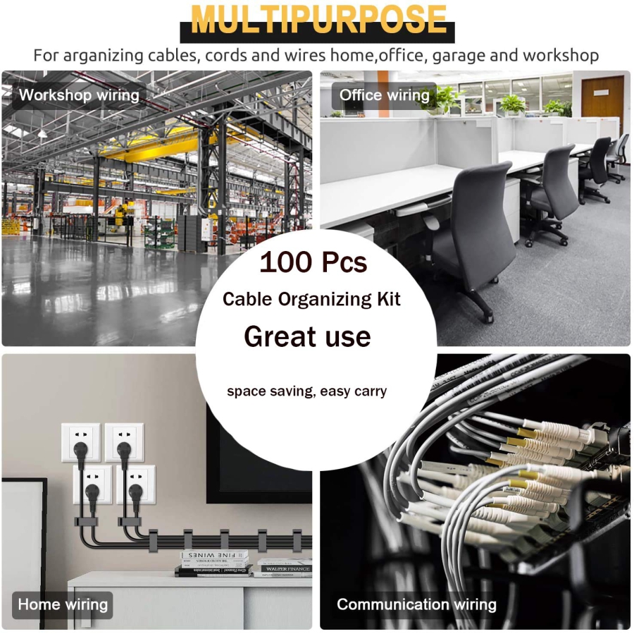 MiuCo Kit de Gestión de Cables para Escritorio (100 Piezas) – El Organizador Definitivo (Set completo con 50 bridas de velcro, 40 clips y 10 soportes de silicona – Autoadhesivo y sin residuos.)