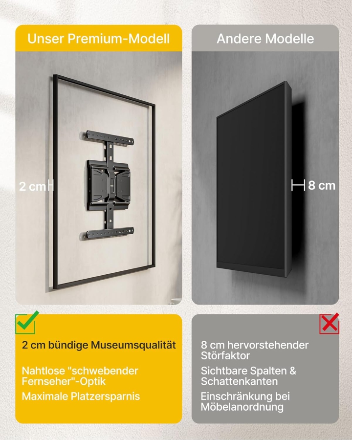 monTEK Soporte de Pared para TV Ultra Slim para 43-90 Pulgadas (Solo 2 cm de distancia a la pared) (Diseño extremadamente plano (0,77") con brazo articulado Full-Motion – Carga 50 kg, VESA 600x400.)