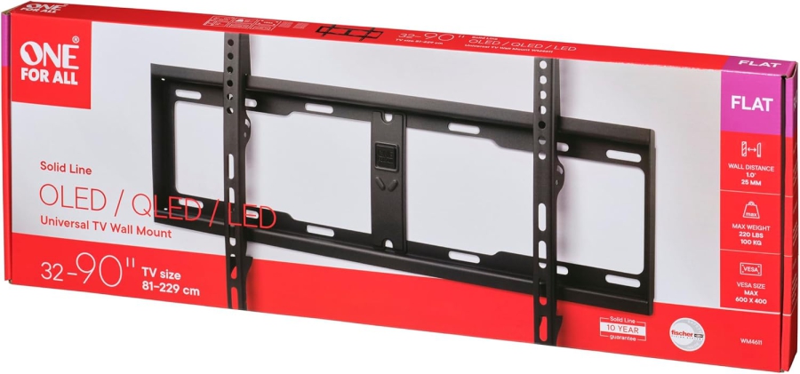 One for All Soporte de Pared TV Plano para Televisores de 32-90 Pulgadas (WM4611) (Soporte extremadamente robusto de la serie Solid (hasta 100 kg) – Solo 25 mm de distancia a la pared – VESA hasta 600x400.)
