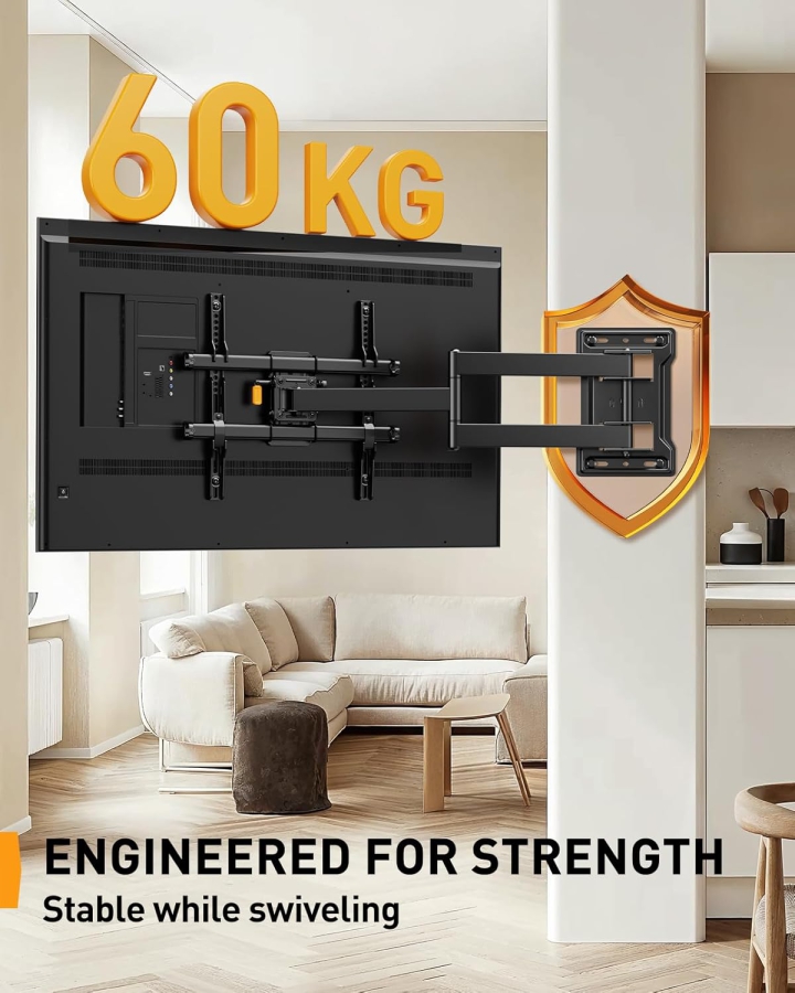 Perlegear Soporte de Pared TV Extra Largo Extensión 70cm para 32-65 Pulgadas (Máx. 60 kg) (Soporte de Esquina Full Motion con brazo de 700mm – Giratorio ±90°, Inclinable y VESA 400x400.)