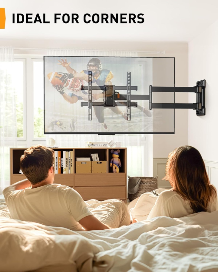 Perlegear Soporte de Pared TV Extra Largo Extensión 70cm para 32-65 Pulgadas (Máx. 60 kg) (Soporte de Esquina Full Motion con brazo de 700mm – Giratorio ±90°, Inclinable y VESA 400x400.)
