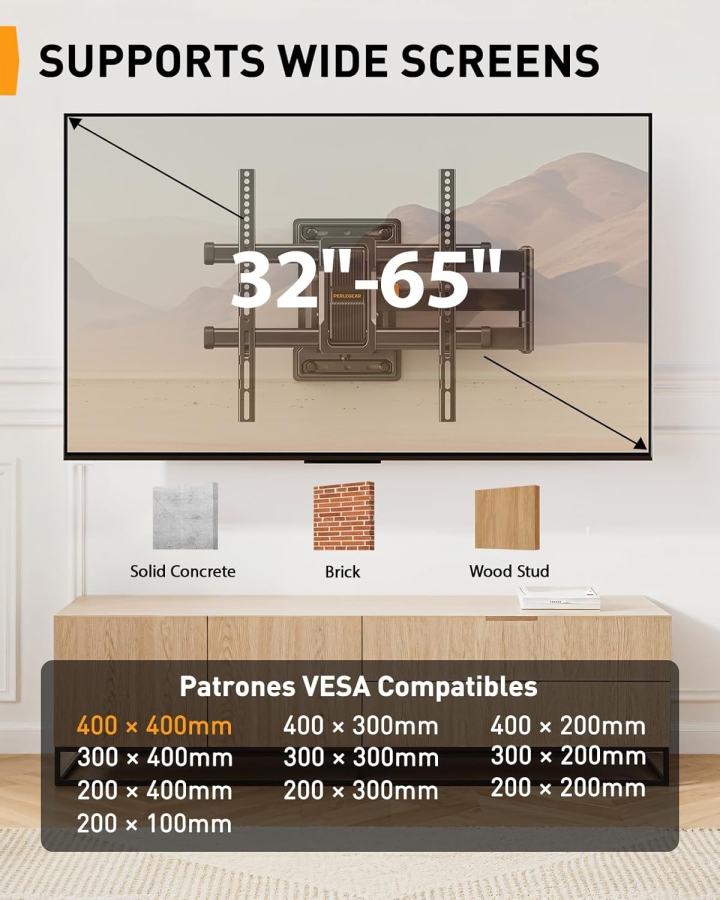 Perlegear Soporte de Pared TV Extra Largo Extensión 70cm para 32-65 Pulgadas (Máx. 60 kg) (Soporte de Esquina Full Motion con brazo de 700mm – Giratorio ±90°, Inclinable y VESA 400x400.)