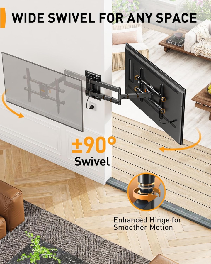 Perlegear Soporte de Pared TV Extra Largo Extensión 70cm para 32-65 Pulgadas (Máx. 60 kg) (Soporte de Esquina Full Motion con brazo de 700mm – Giratorio ±90°, Inclinable y VESA 400x400.)