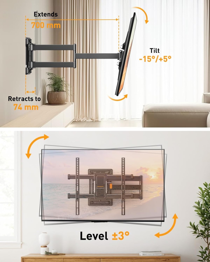 Perlegear Soporte de Pared TV Extra Largo Extensión 70cm para 32-65 Pulgadas (Máx. 60 kg) (Soporte de Esquina Full Motion con brazo de 700mm – Giratorio ±90°, Inclinable y VESA 400x400.)