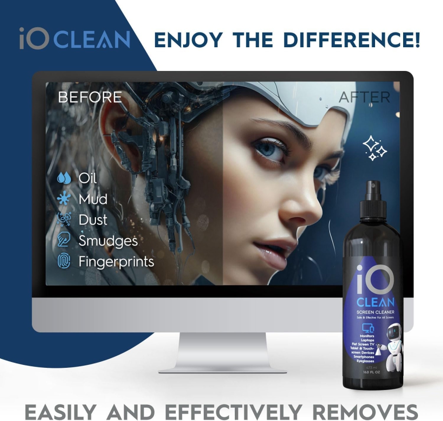 Premium Kit de Spray Limpiador de Pantallas (473ml) incl. Paño de Microfibra (Cuidado sin rayas para monitores LCD, OLED y VESA – Fórmula sin alcohol para tu configuración.)