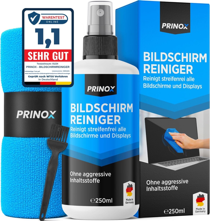 PRINOX Kit de Limpieza de Pantallas 250ml con Paño de Microfibra y Pincel (Made in Germany: Cuidado sin rayas para monitores LCD, OLED y VESA – Elimina grasa y huellas dactilares.)