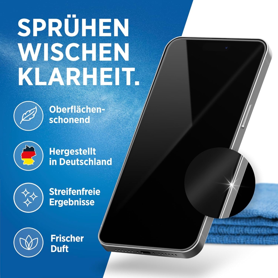 PRINOX Kit de Limpieza de Pantallas 250ml con Paño de Microfibra y Pincel (Made in Germany: Cuidado sin rayas para monitores LCD, OLED y VESA – Elimina grasa y huellas dactilares.)