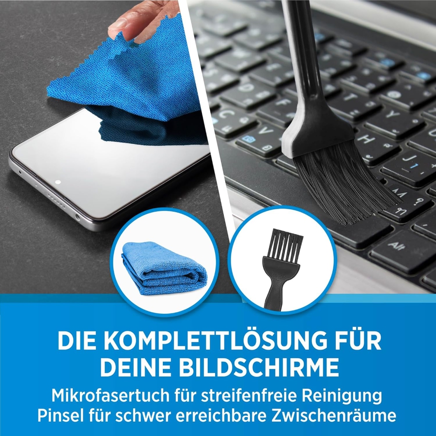 PRINOX Kit de Limpieza de Pantallas 250ml con Paño de Microfibra y Pincel (Made in Germany: Cuidado sin rayas para monitores LCD, OLED y VESA – Elimina grasa y huellas dactilares.)