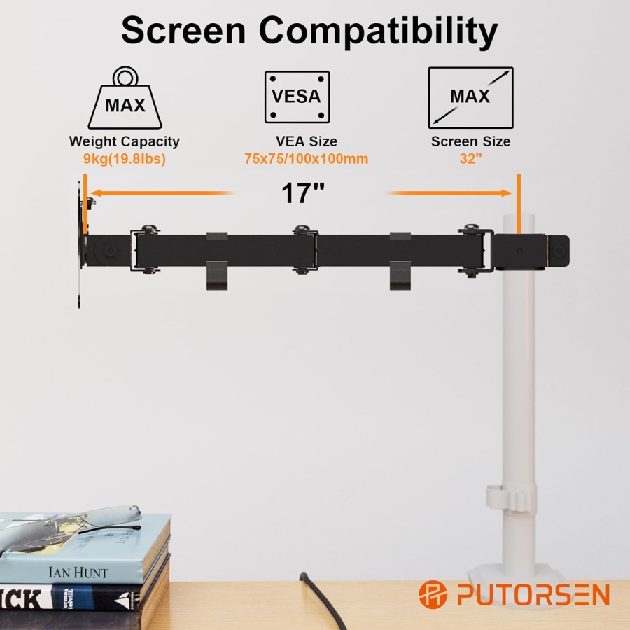 PUTORSEN Brazo de Monitor Individual para Ampliación (para Mástiles de 3,5 cm) – Sin Soporte (Brazo adicional para soportes de monitor existentes – VESA 75/100, carga hasta 9 kg y totalmente móvil.)